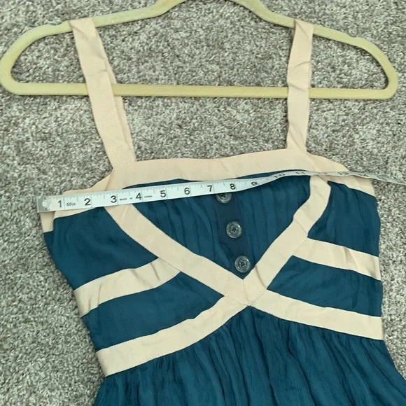 Burlapp Anthropologie Turquoise Cream Trim Silk Mini Dress - Picture 7 of 11